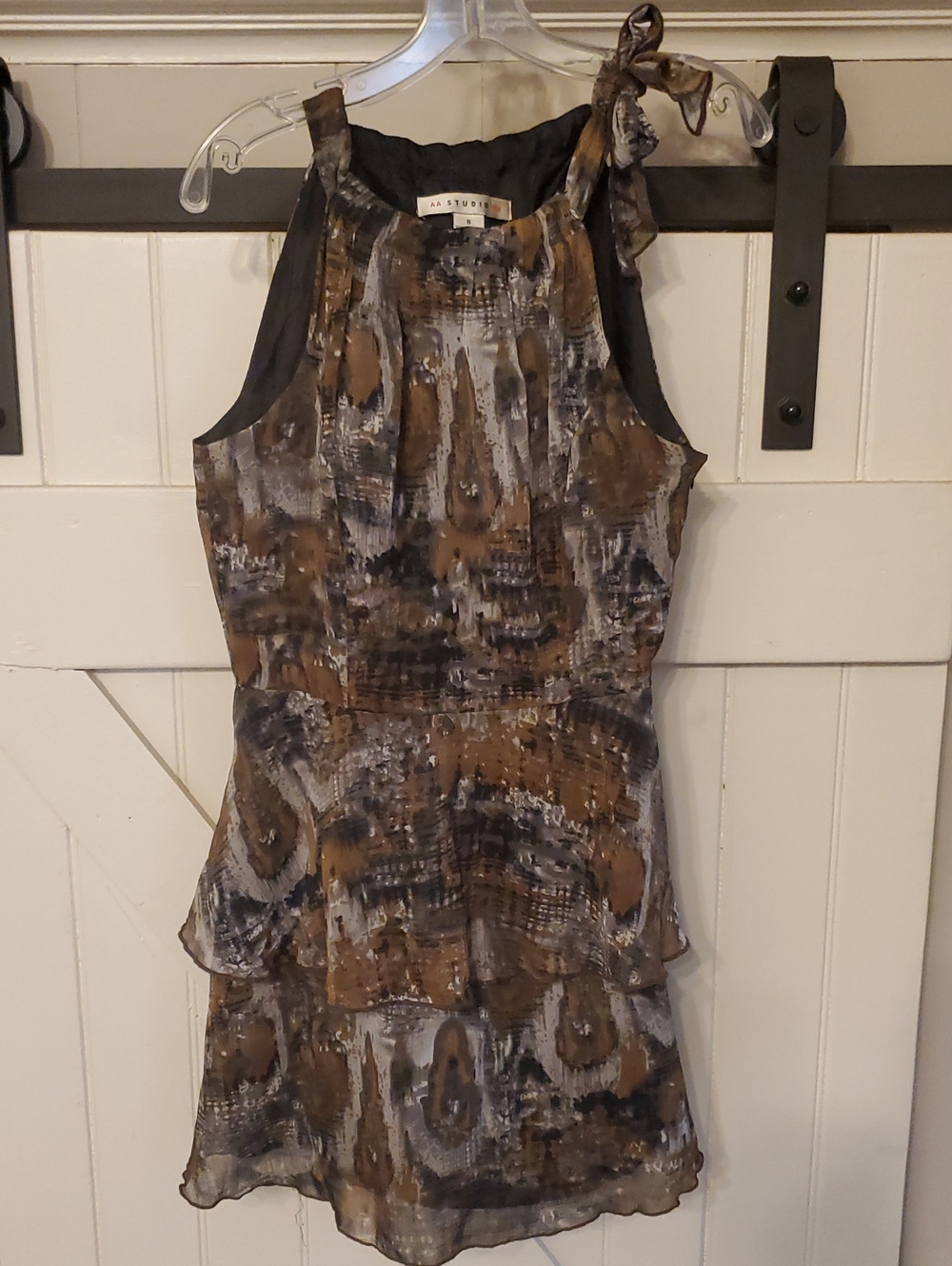 AA Studio Brown and Black Abstract Tiered Halter Mini Dress